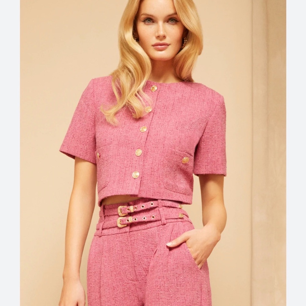 Amanda Uprichard Pink Tweed Set with Gold Buttons